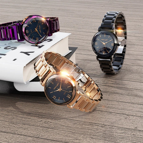 Boxed Black Face Watch & Earrings Set In Rose Gold