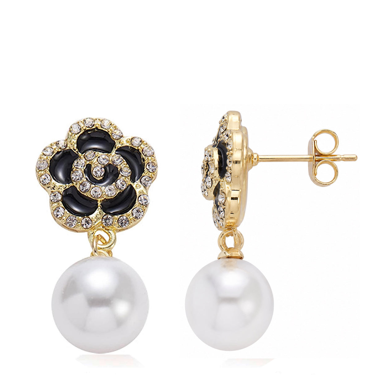 Liv Oliver 18K Gold Black Enamel Rose & Pearl Drop Earrings