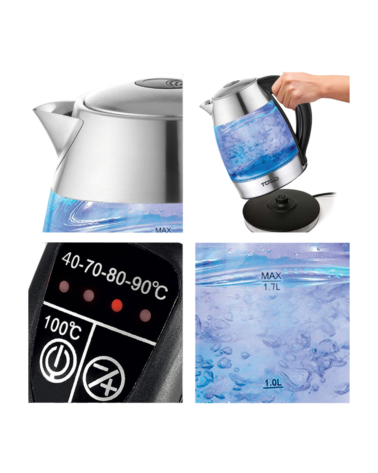 TODO 1.7L Glass Cordless Kettle Keep Warm Electric Dual Wall LED Water Jug - Stainless Steel
