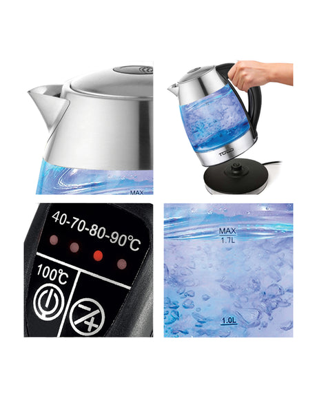 TODO 1.7L Glass Cordless Kettle Keep Warm Electric Dual Wall LED Water Jug - Stainless Steel