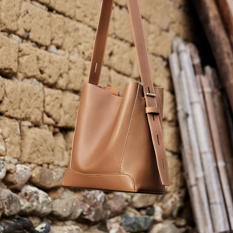 Nalandu Luxe Genuine Leather Bucket Tote Shoulder Bag - Brown