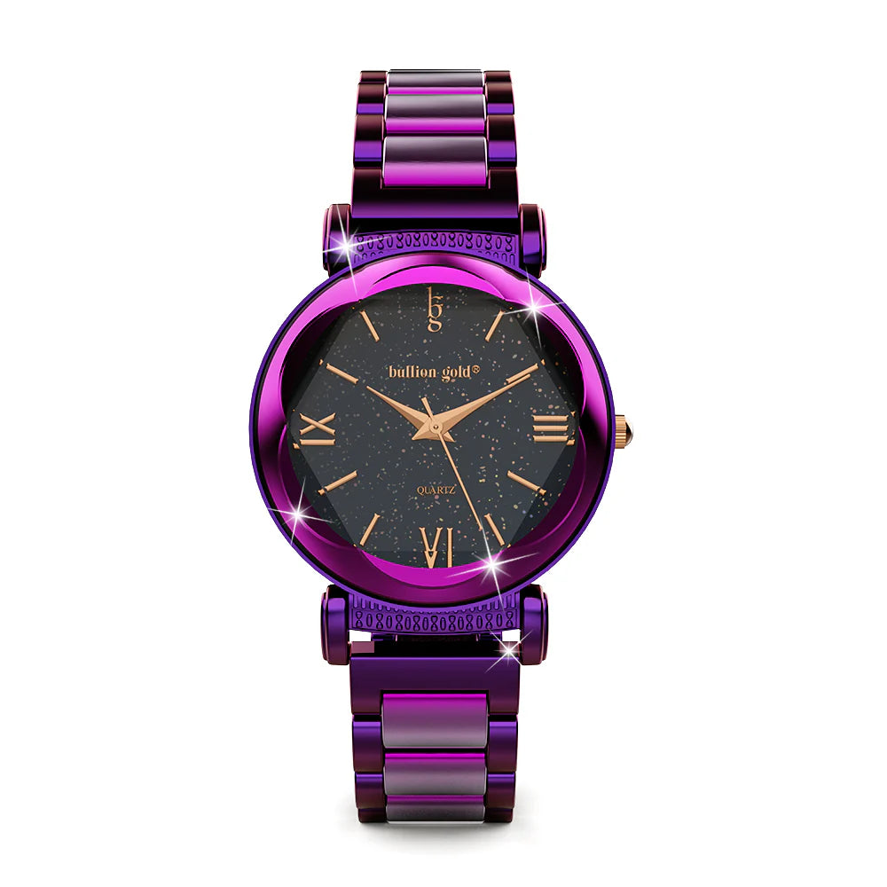 Bullion Gold Bullion Gold Romish Watch Embellished with Glittering Crystals - Purple and Black