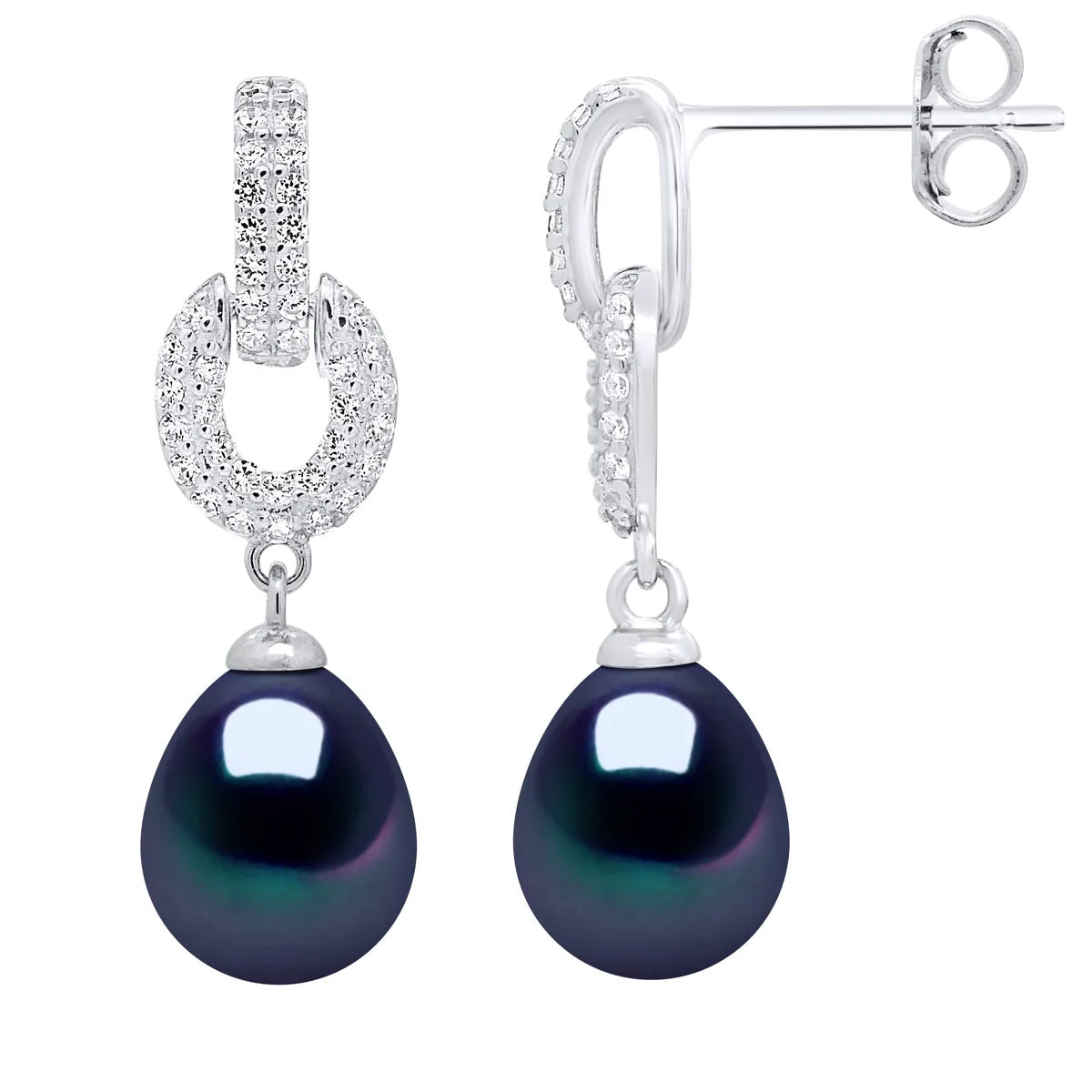 Drop Drop Earrings Freshwater Pearl & Cubic Zirconia Black 8-9mm Stud