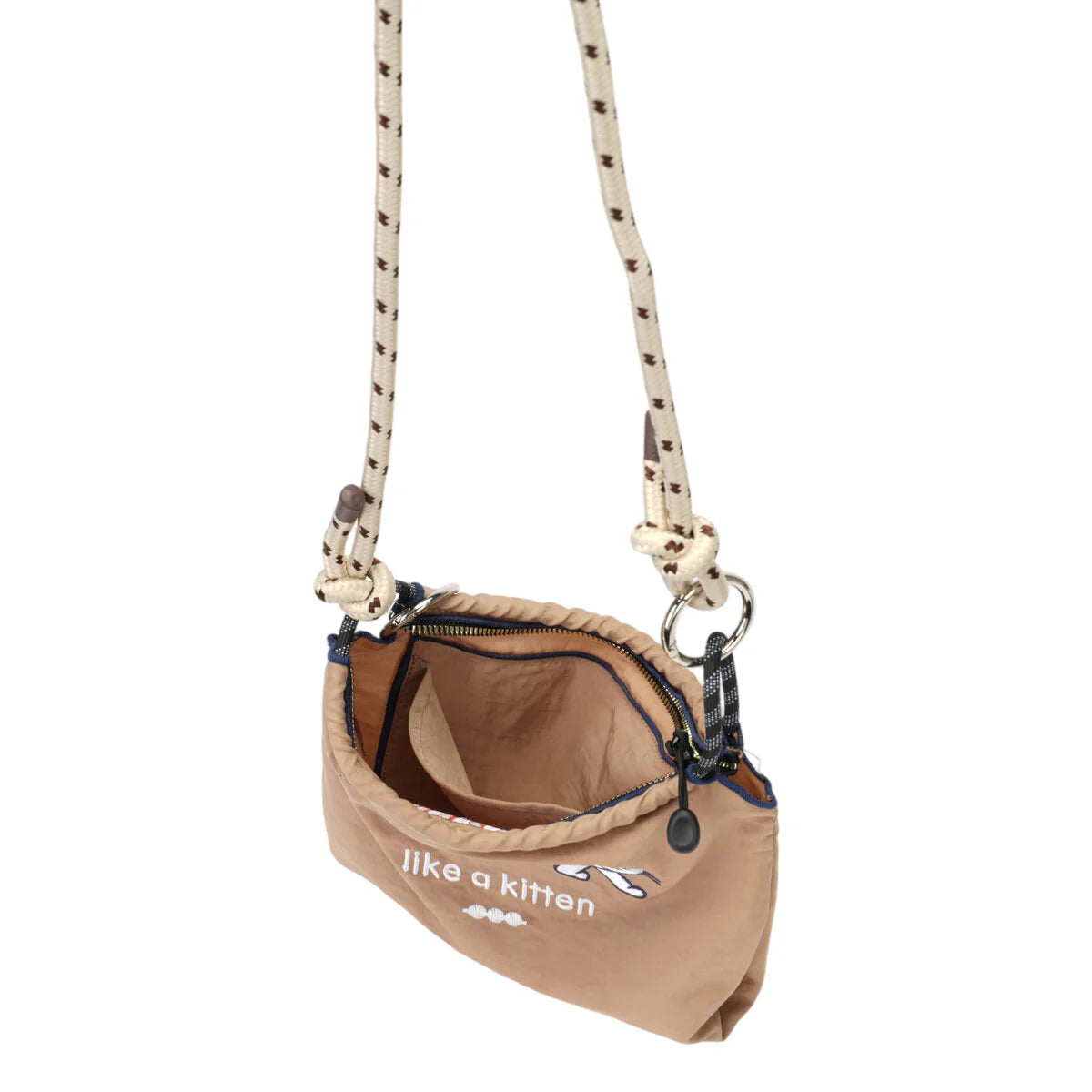 BAMEI Recycled Nylon Mini Crossbody Bag with Cat Print & Braided Rope Strap - Mocha
