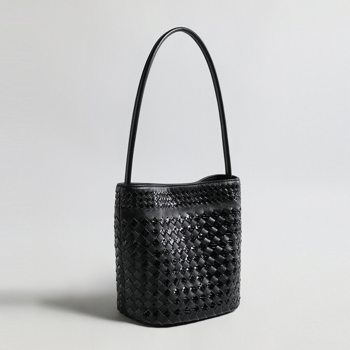 Hand-Woven Lambskin Bucket Bag - Black