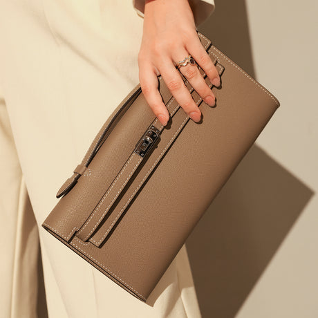 Structured Saffiano Leather Top-Handle Clutch - Taupe