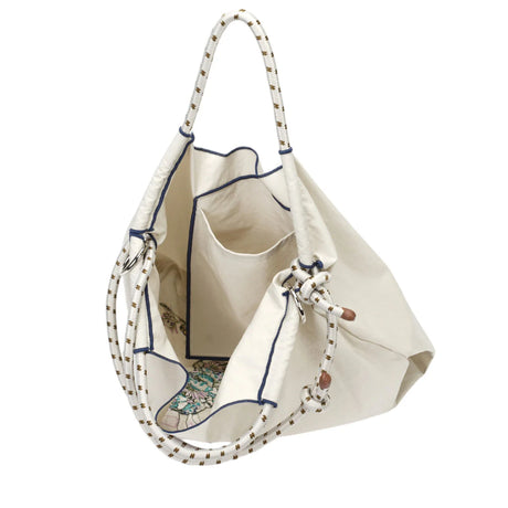 BAMEI Recycled Nylon Tote Bag with Floral Bunny Embroidery & Braided Rope Strap - Ivory