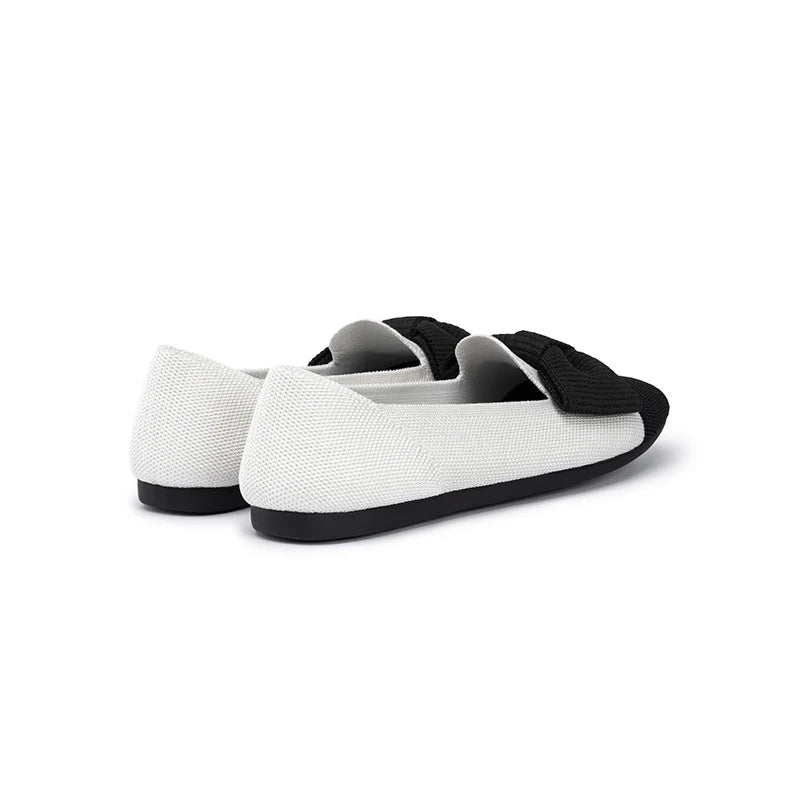 Bow Detail Round Toe Knit Flat Loafers - White