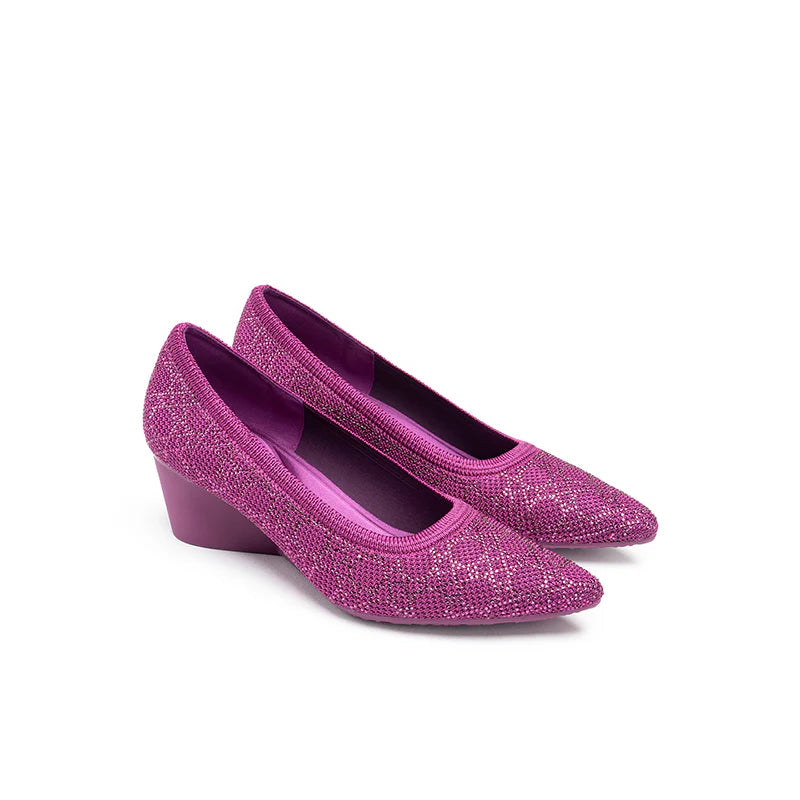 Rhinestone Check Knit Pointed Toe Wedge Pumps - Fuchsia