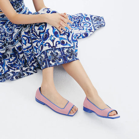 Colorblock Peep Toe Knit Flats - Pink