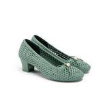 Pearl Bow Mesh Knit Round Toe Pumps - Green