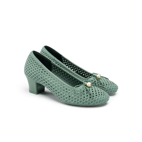 Pearl Bow Mesh Knit Round Toe Pumps - Green