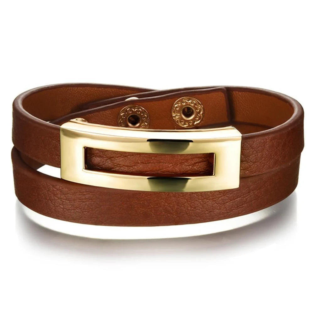 Genuine Cow Leather Wrap Bracelet With 18K Gold Buckle