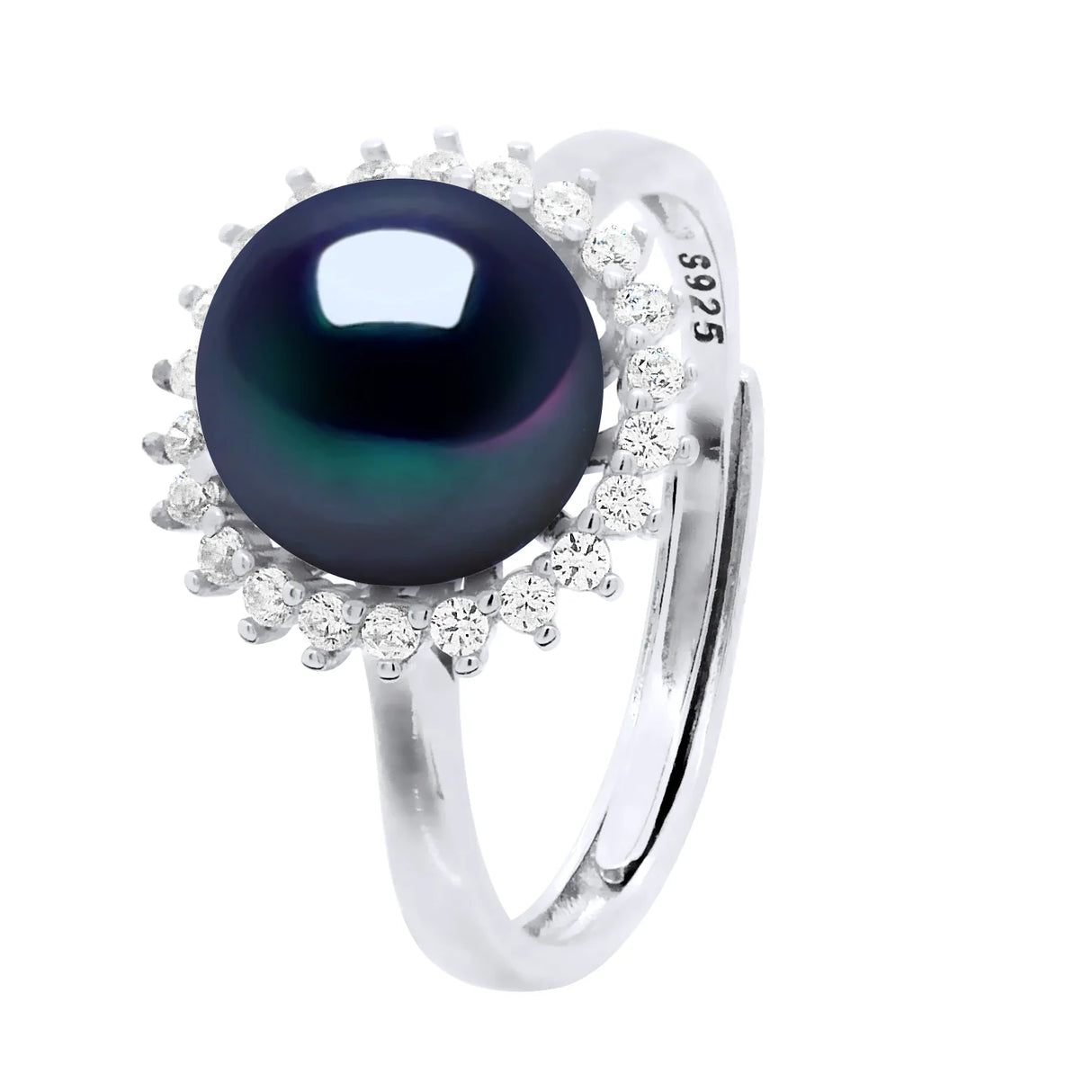 Ring Halo Button Freshwater Pearl & Cubic Zirconia Black Adjustable