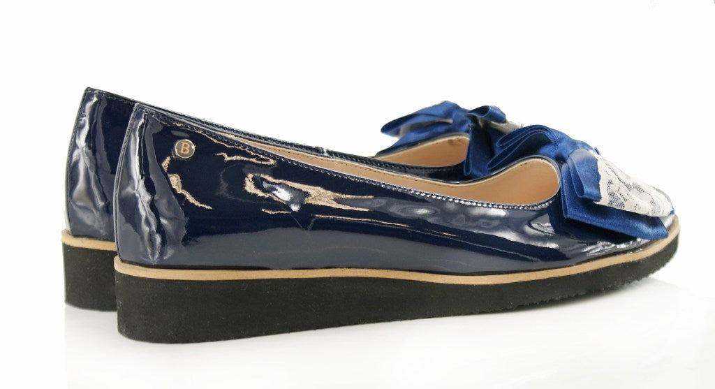 Bosccolo Womens Ballerina With Big Bow - Navy Blue Laquered/Lace