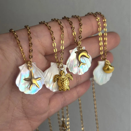 Bullion Gold Pearl Shell & Gold Sea Turtle Necklace