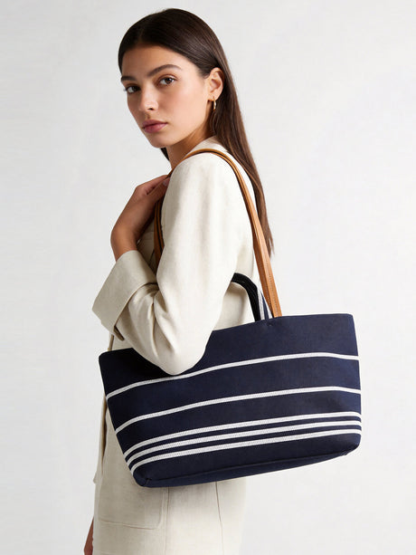 Nautical Striped Canvas Tote Bag - Navy