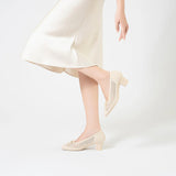 Pearl Bow Mesh Knit Round Toe Pumps - Ivory