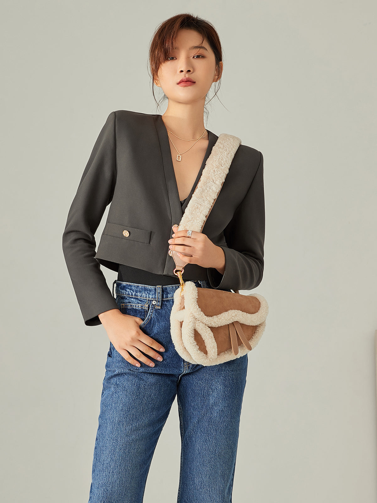 Beige Shearling Saddle Shoulder Bag - Beige