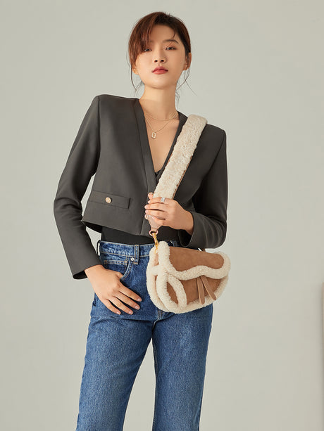 Beige Shearling Saddle Shoulder Bag - Beige