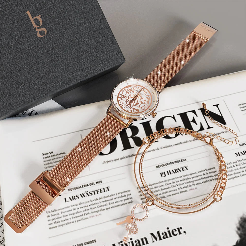 Boxed Bullion Gold Elite watch and Bracelet Set Embellished with Crystals in Rose Gold