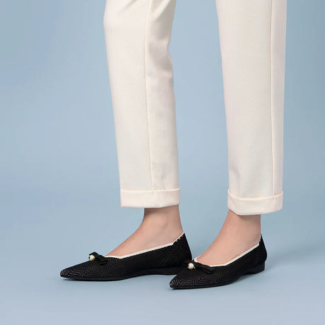 Sarah Casual Pearl Bow Commuter Flats - Black