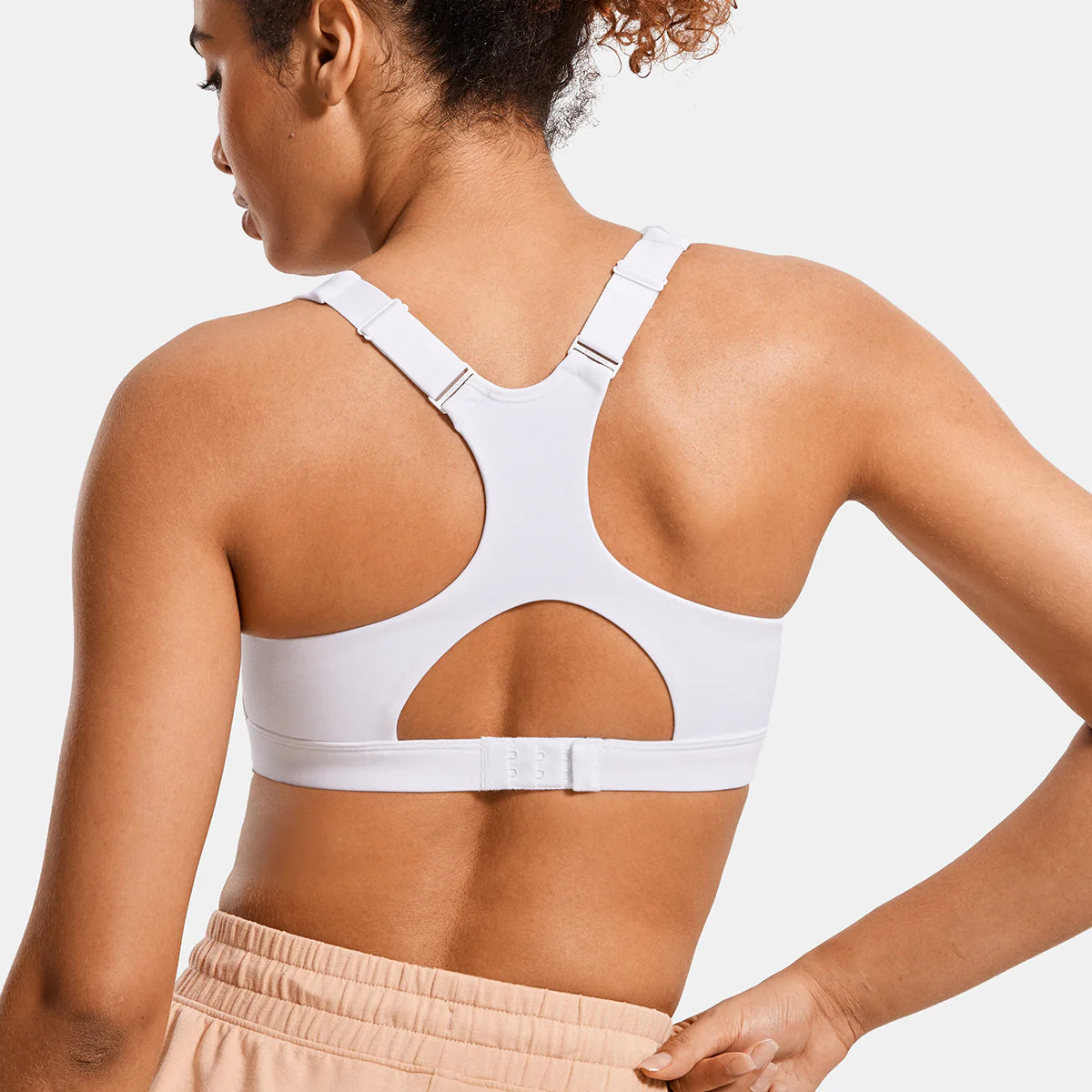 Power On Soft Padded High Impact Zip Front Sports Bra - White