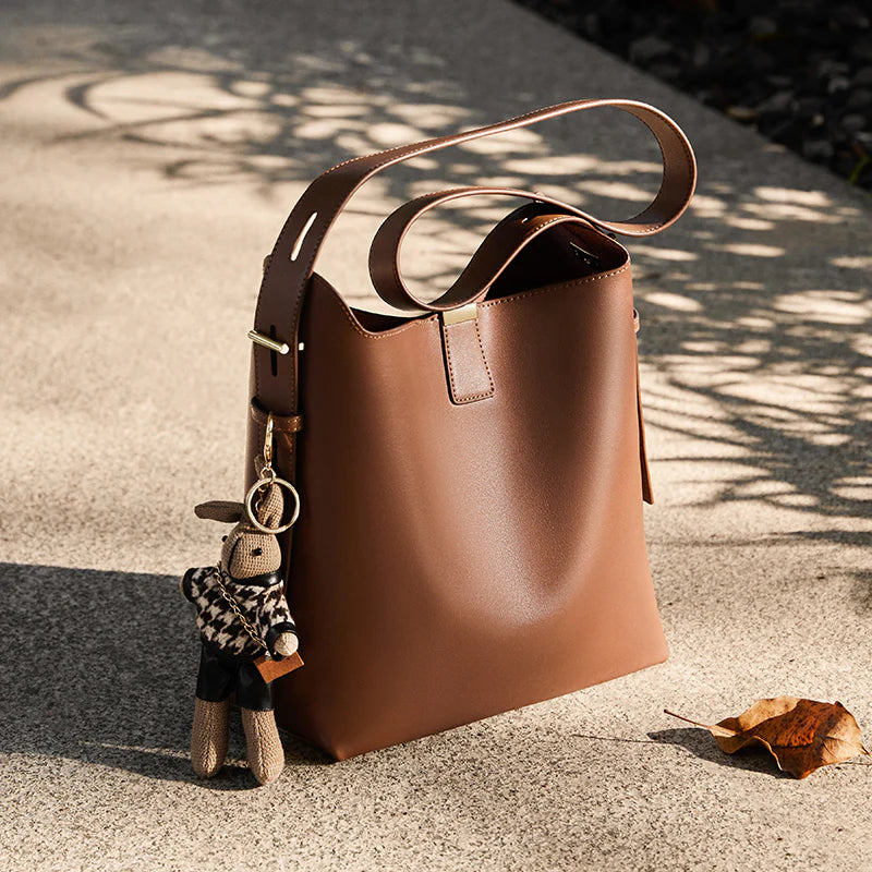 Nalandu Natalia Rabbit Charm Leather Work Tote Bag - Coffee
