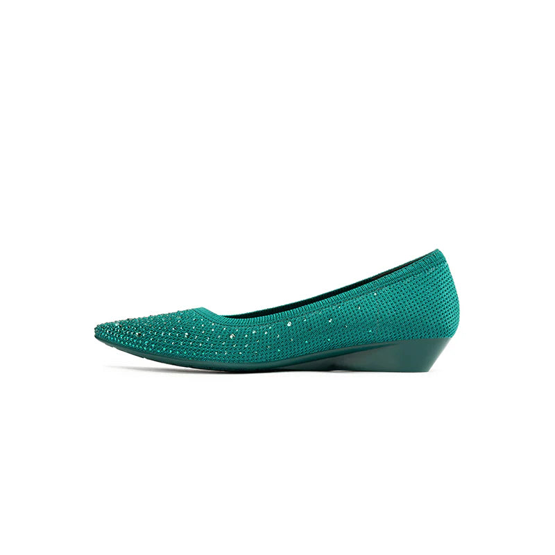 Rhinestone Gradient Knit Pointed Toe Wedge Flats - Green