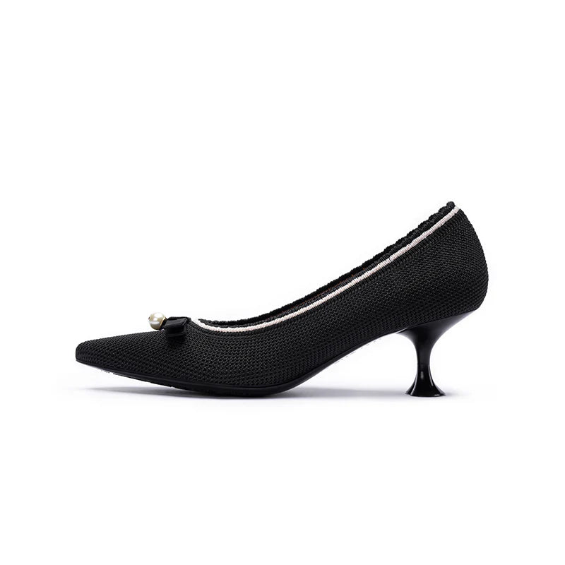 Parisian Pearl Bow Kitten Heels - Black