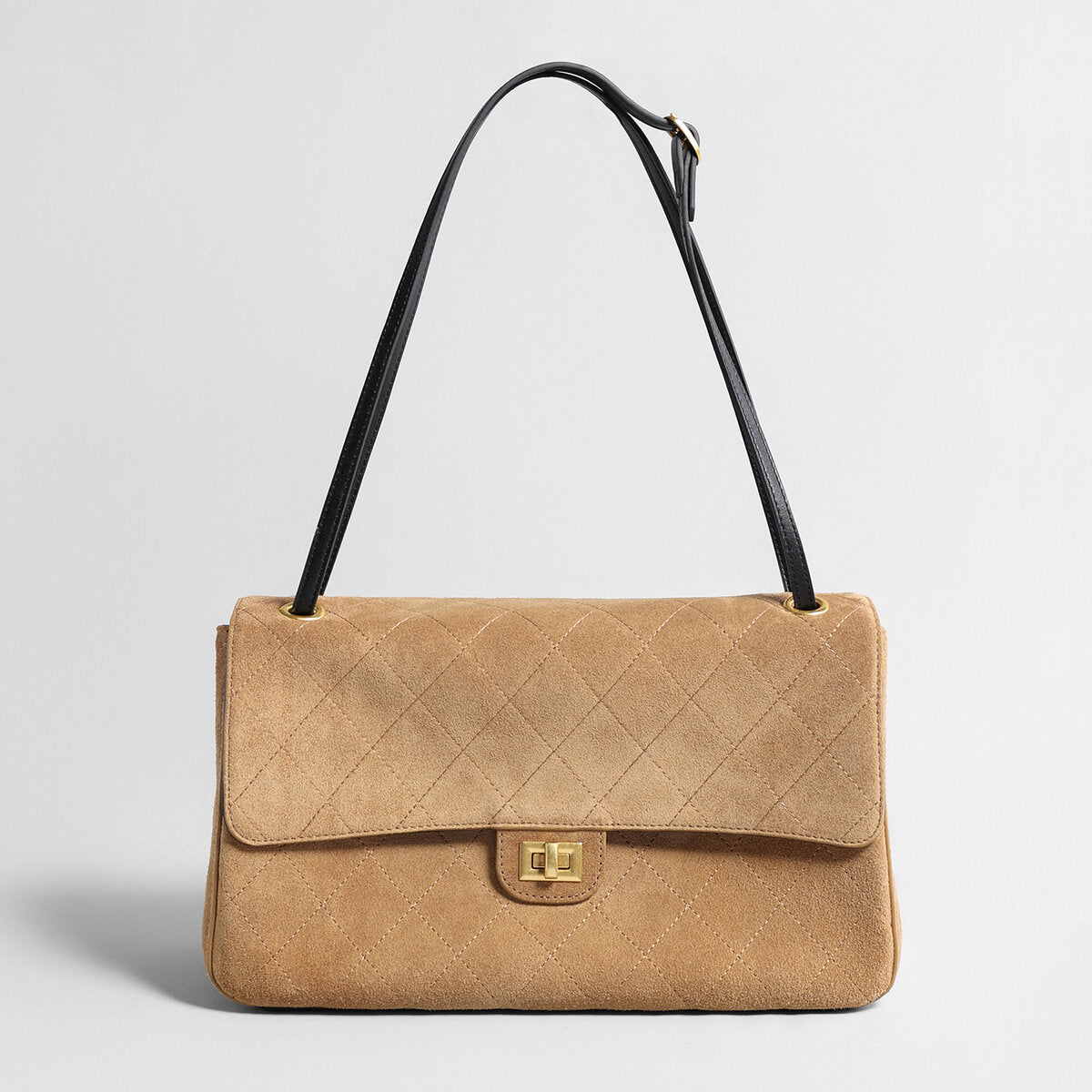 Quilted Suede Box Flap Bag - Camel