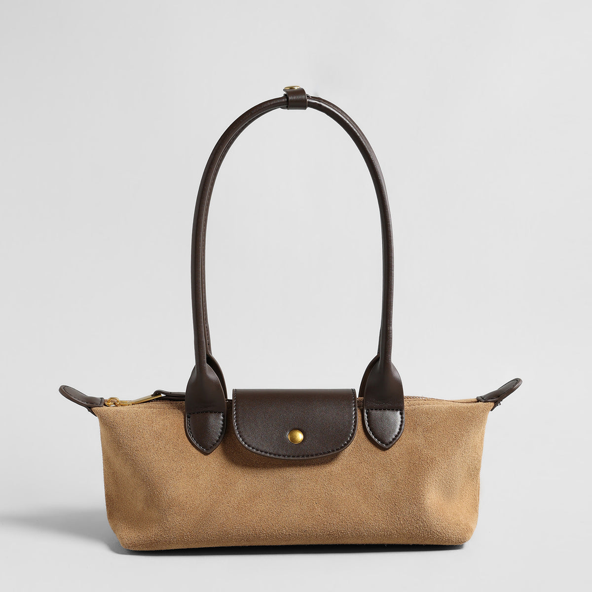 Suede Baguette Bag – Contrast Leather Shoulder Bag with Brass-Tone Snap