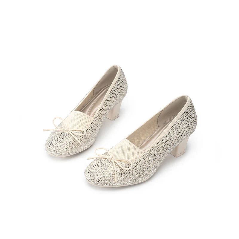 Rhinestone Bow Knit Round Toe Block Heel Pumps - Ivory