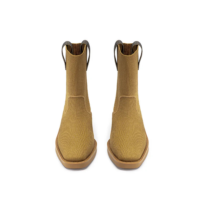 Knit Block Heel Ankle Boots - Tan