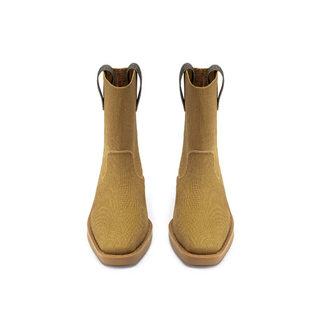 Knit Block Heel Ankle Boots - Tan