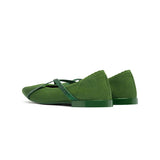 Rhinestone Cross Strap Pointed Toe Knit Flats - Green