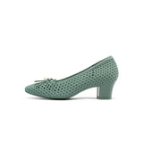 Pearl Bow Mesh Knit Round Toe Pumps - Green