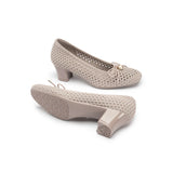 Pearl Bow Mesh Knit Round Toe Pumps - Taupe