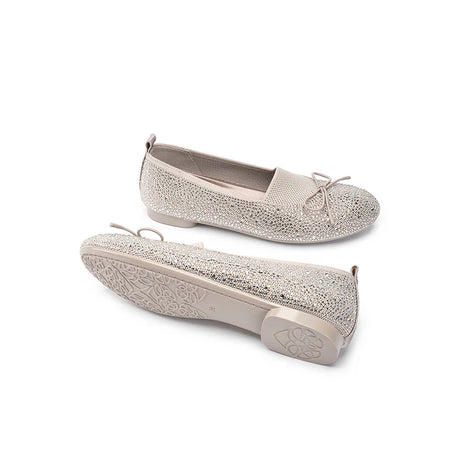Rhinestone Bow Knit Round Toe Ballet Flats - Taupe