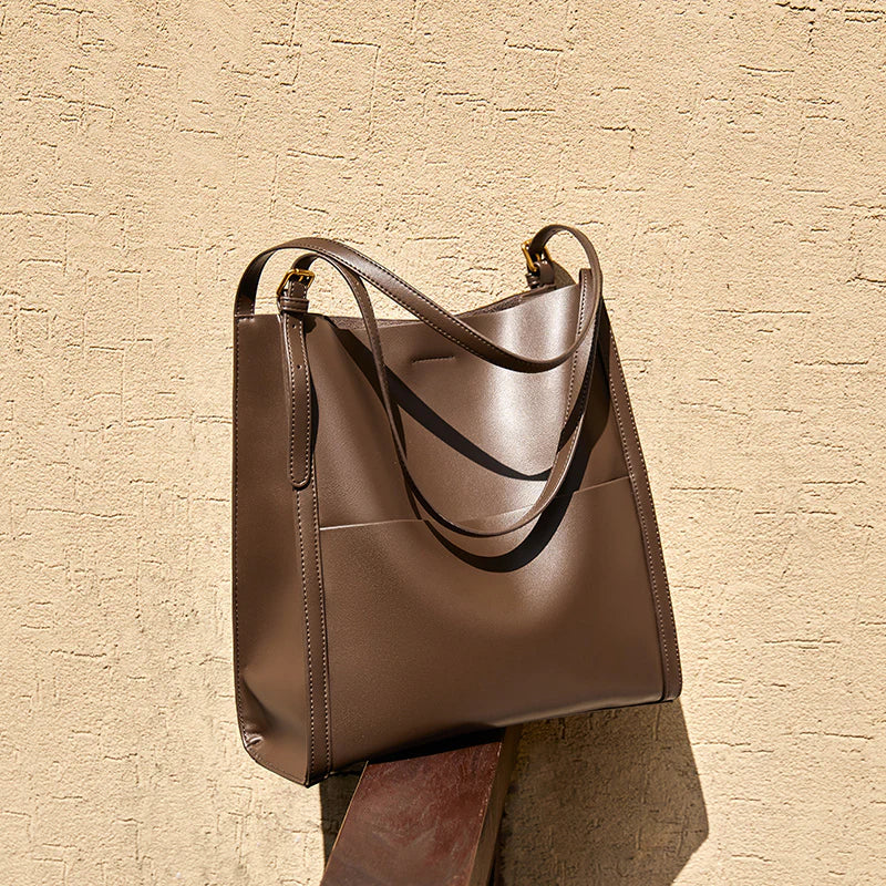 Nalandu Minimal Soft Leather Commuter Tote Bag - Coffee