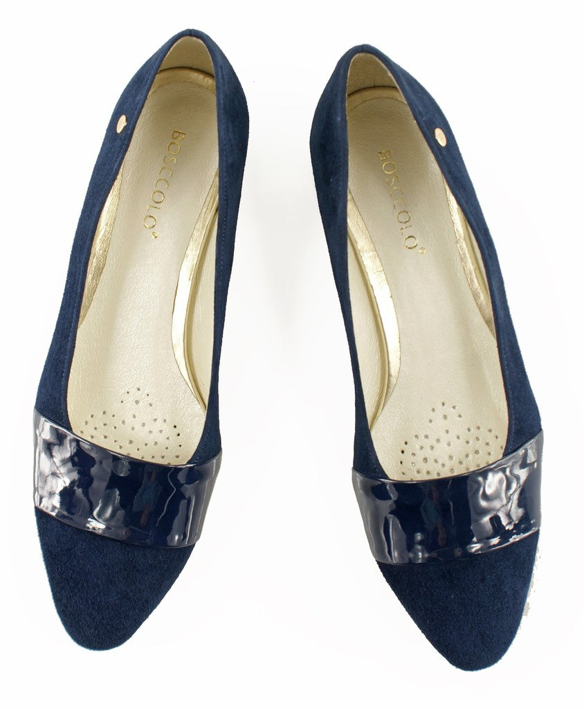 Bosccolo Womens Ballerina Pas - Navy Blue Suede/Lacquered