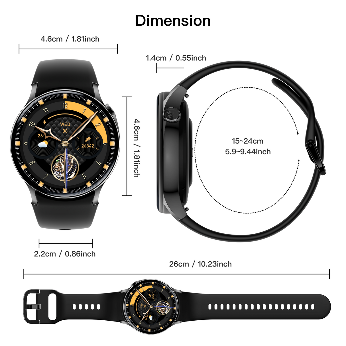 Bluetooth Smart Watch 1.43" Touch Screen Call Heart Rate Blood Pressure BT 5.3 �� Black