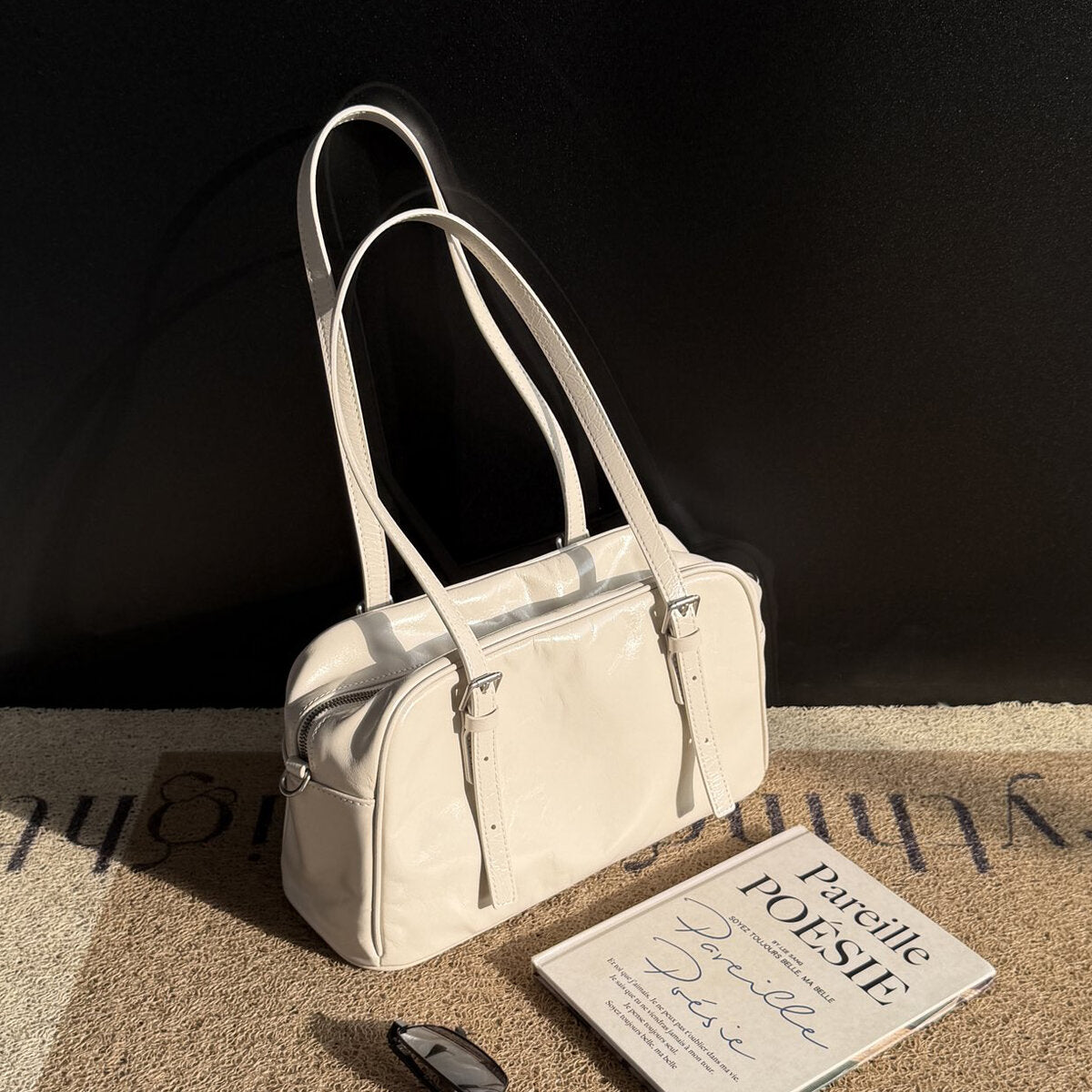 Oil-Wax Leather Boston Bowling Shoulder Bag - Ivory