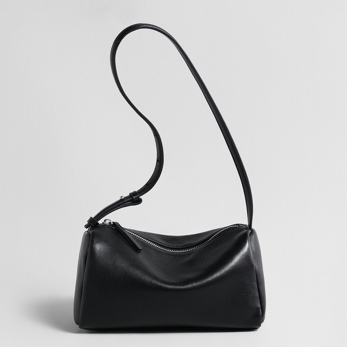 Soft Lambskin Leather Barrel Shoulder Bag - Black