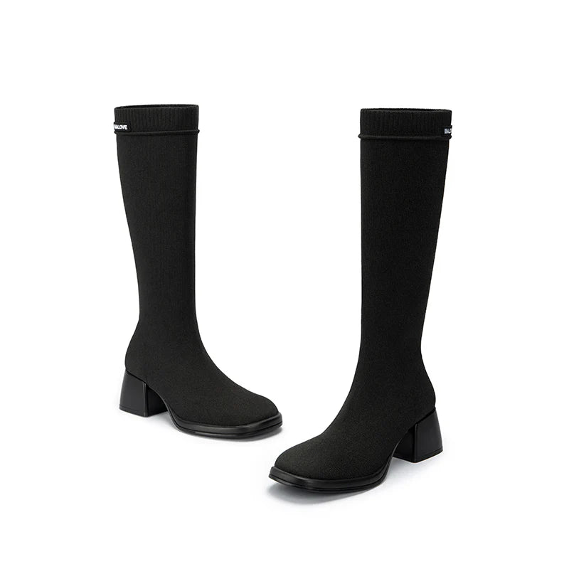 Mademoiselle Round Toe Knee High Sock Boots - Black