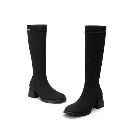 Mademoiselle Round Toe Knee High Sock Boots - Black