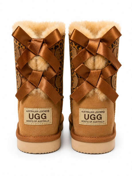 Australian Leather Ugg Kids Leopard Twin Bow - Chesnut - AU10