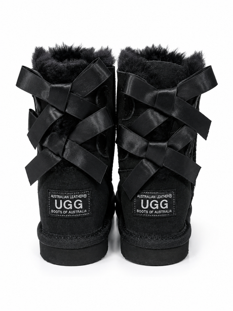 Australian Leather Ugg Kids Short Twin Bow - Black - AU6