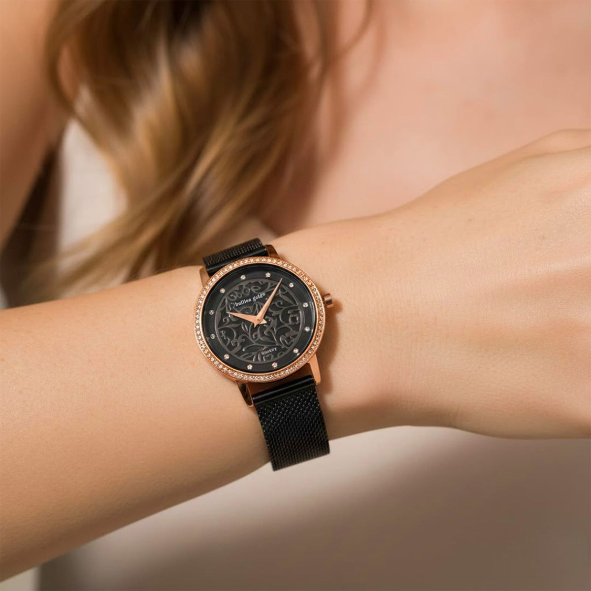 Bullion Gold Bullion Gold Elite Watch Embellished with Rhinestone - Rose Gold and Black