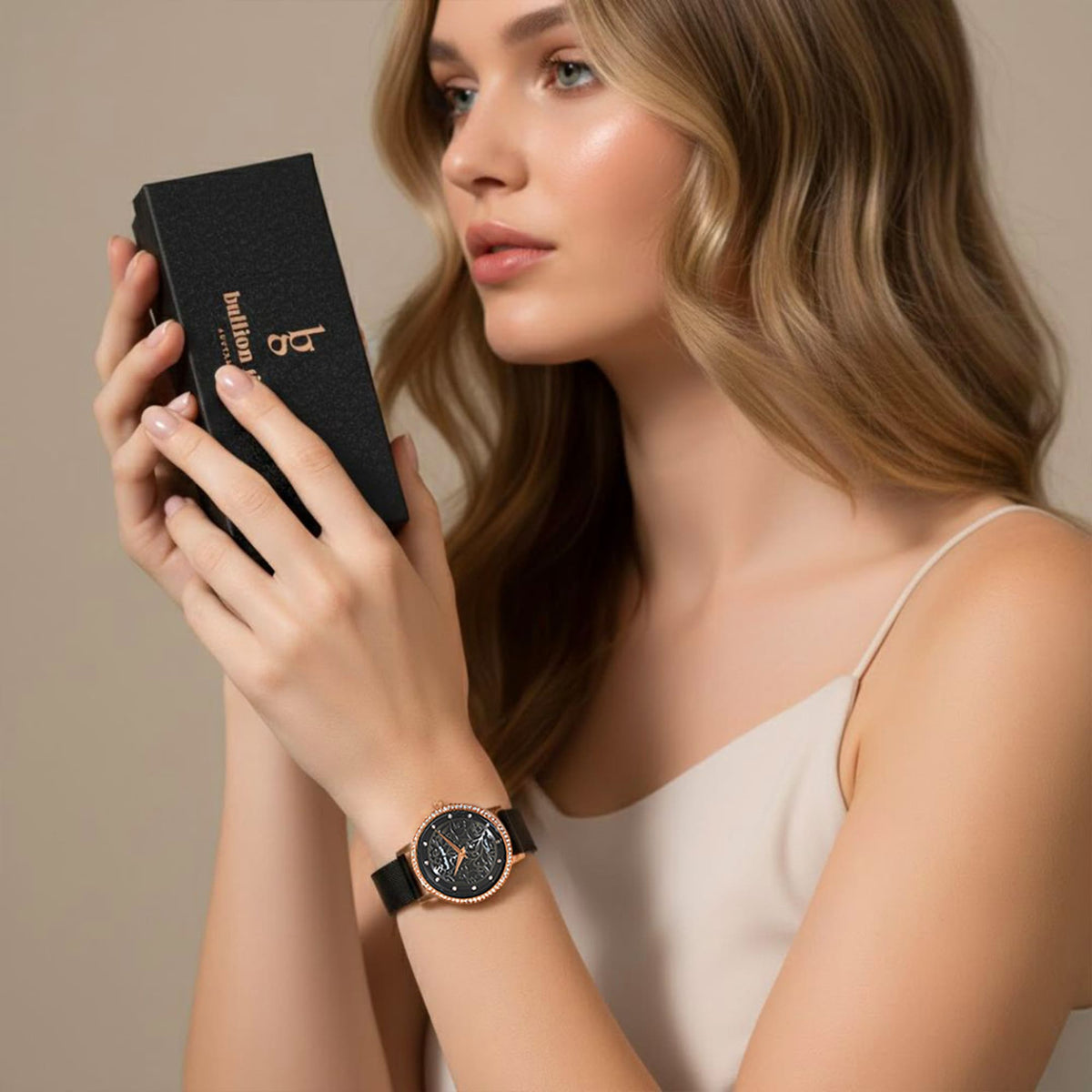 Bullion Gold Bullion Gold Elite Watch Embellished with Rhinestone - Rose Gold and Black